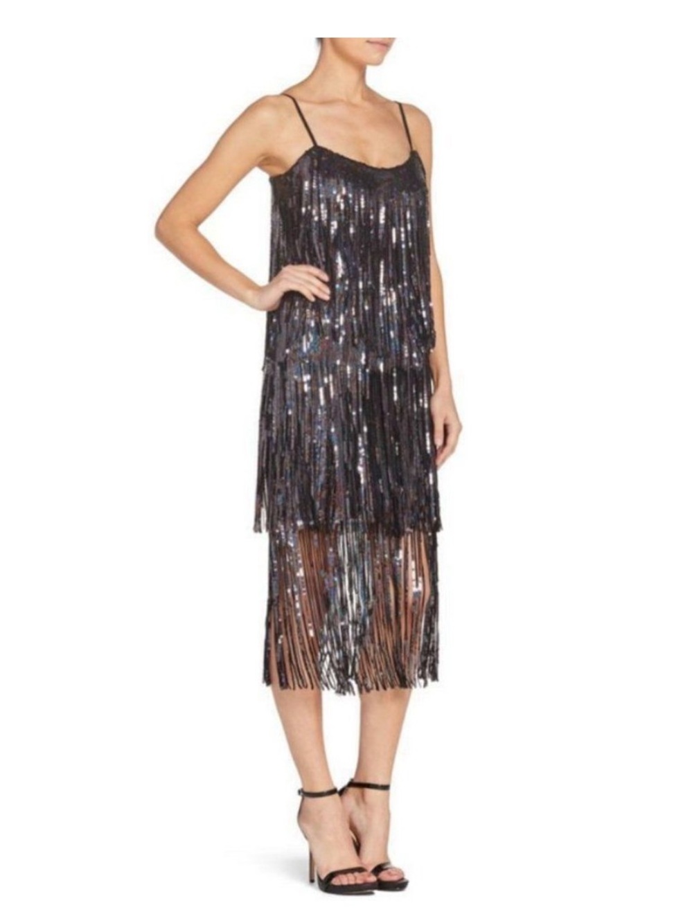 NWT Dress the Population Roxy Sequin Fringe Dress SZ XS Black Sparkle